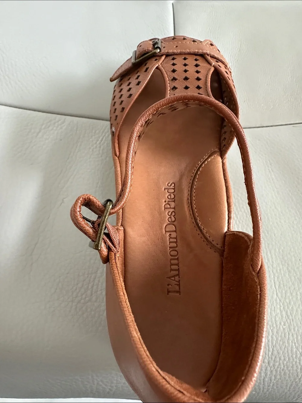 Women's Tan Perforated Buckle Wedge Sandals